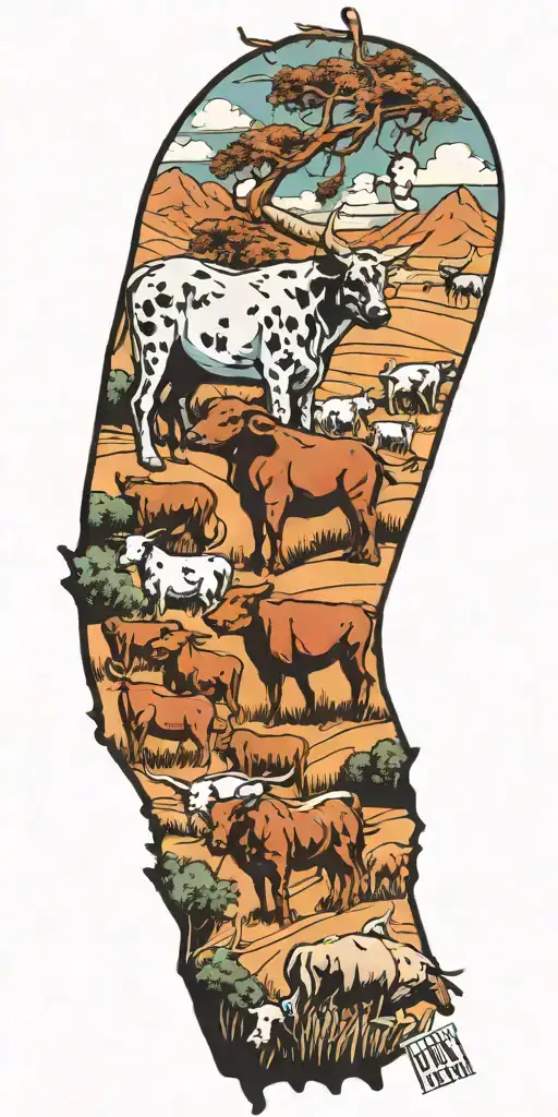 A new-school design featuring a blue heeler herding longhorns in a Texas landscape, showcasing the client's favorite animals and Texas history tattoo design idea