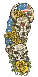 Texas flag, bear head, longhorn skull, yellow rose, blue bonnets, Alamo, Sam Houston  tattoo design idea