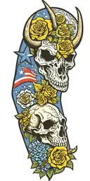 Texas flag, bear head, longhorn skull, yellow rose, blue bonnets, Alamo, Sam Houston  tattoo design idea