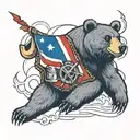 A traditional style tattoo of a bear with a Texas flag draped over its shoulders, set against a backdrop of oil rigs and pipelines tattoo design idea