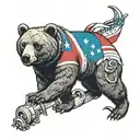 A traditional style tattoo of a bear with a Texas flag draped over its shoulders, set against a backdrop of oil rigs and pipelines tattoo design idea