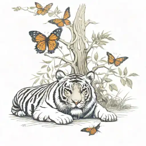 Tiger laying under the tree of life with a monarch butterfly sitting on his nose tattoo design idea