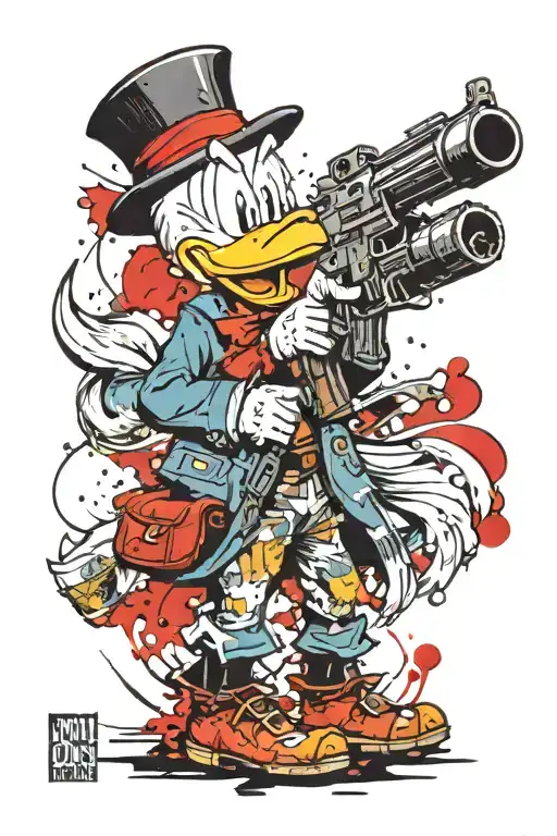 Scrooge McDuck ak 47 in his hands tattoo design idea