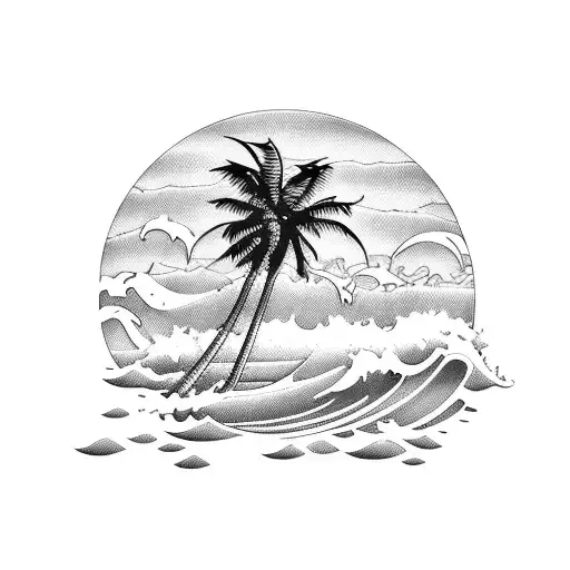 A serene beach scene with palm trees and waves crashing against the shore at sunset tattoo design idea