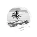 A serene beach scene with palm trees and waves crashing against the shore at sunset tattoo design idea
