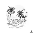 A serene beach scene with palm trees and waves crashing against the shore at sunset tattoo design idea