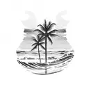 A serene beach scene with palm trees and waves crashing against the shore at sunset tattoo design idea
