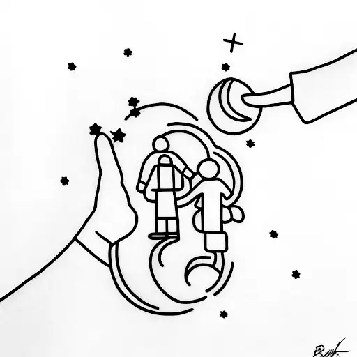 A minimalist tattoo of a father and son holding hands with a moon and stars above, representing the bond between you and your son and your shared love for space tattoo design idea