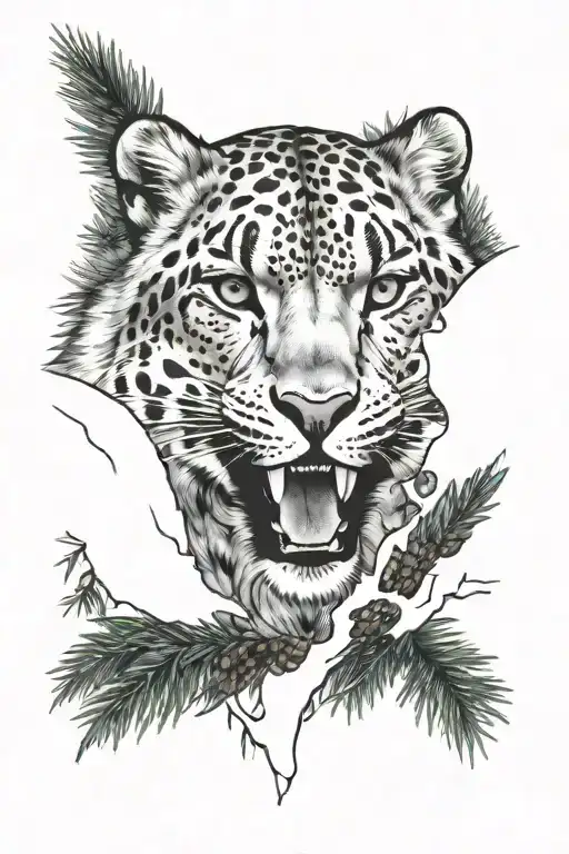 snow leopard head surrounded by evergreen trees symbolizing confidence and fierceness tattoo design idea
