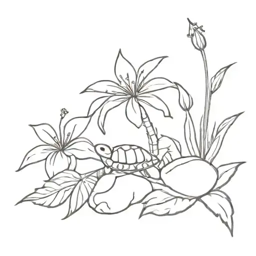 hibiscus flower and turtle and palm tree growing tattoo design idea