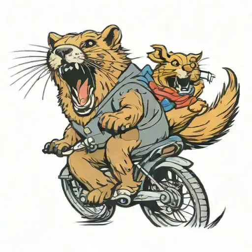 screaming cartoon marmot riding a cat  tattoo design idea