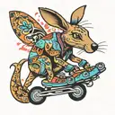 stood up kangaroo wearing rollerskates colourful tattoo design idea