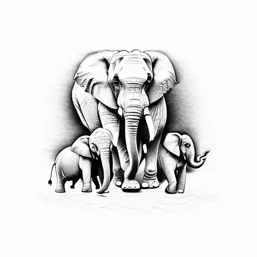 3 elephant family, mother and 2 young.  tattoo design idea