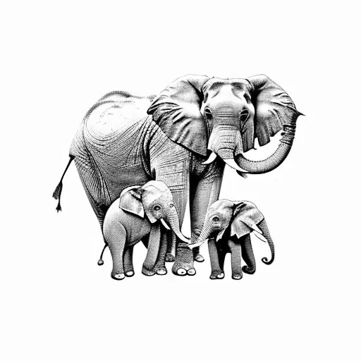 3 elephant family, mother and 2 young. it is aggressive and new era tattoo design idea