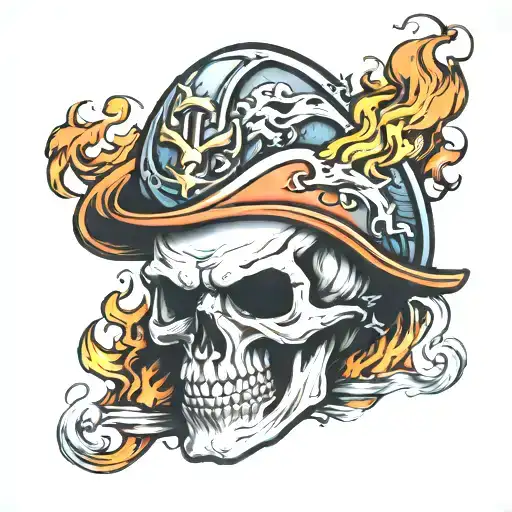 skull with mustache and fire helmet tattoo design idea