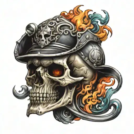 skull with mustache and fire helmet tattoo design idea