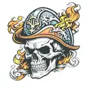 skull with mustache and fire helmet tattoo design idea