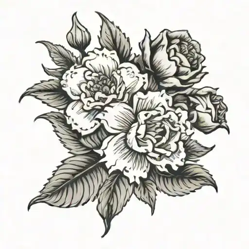 Two carnations, Two daffodils, One snowdrop, One hawthorn flower, Two honeysuckle blooms, One rose, One chrysanthemum, o tattoo design idea