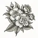 Two carnations, Two daffodils, One snowdrop, One hawthorn flower, Two honeysuckle blooms, One rose, One chrysanthemum, o tattoo design idea