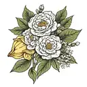 Two carnations, Two daffodils, One snowdrop, One hawthorn flower, Two honeysuckle blooms, One rose, One chrysanthemum, o tattoo design idea