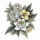 Two carnations, Two daffodils, One snowdrop, One hawthorn flower, Two honeysuckle blooms, One rose, One chrysanthemum, o tattoo design idea