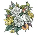Two carnations, Two daffodils, One snowdrop, One hawthorn flower, Two honeysuckle blooms, One rose, One chrysanthemum, o tattoo design idea