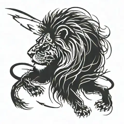 A lion's silhouette with tire tracks running through it, symbolizing the client's love for both wild animals and driving tattoo design idea