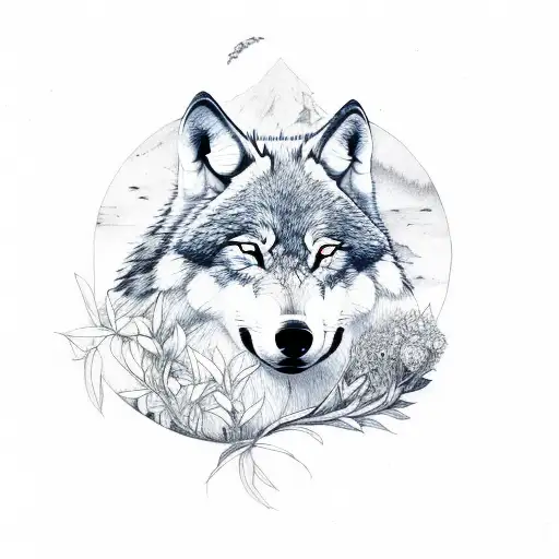 The wolf is sleeping with a jasmine flower growing next to it tattoo design idea