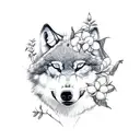 The wolf is sleeping with a jasmine flower growing next to it tattoo design idea