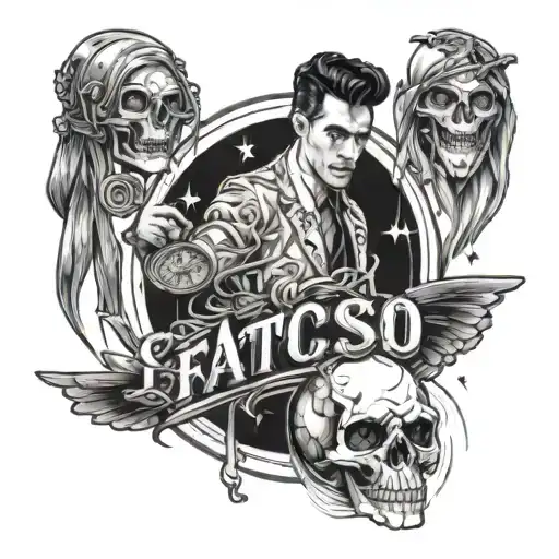 Create a tattoo featuring a seller in a fantasy sports arena with subtle Panic! At the Disco references woven throughout tattoo design idea