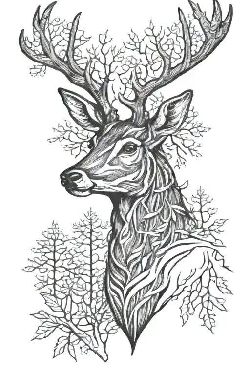 deer head with trees tattoo design idea