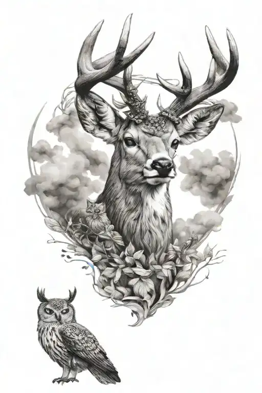 head of a deer in full-face.Between the horns of a deer an owl in flight with open wings tattoo design idea
