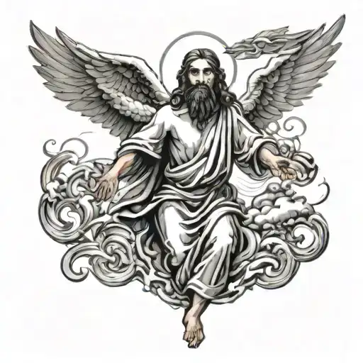 Lord Jesus Christ walking on water with a halo of strength symbols around his head tattoo design idea