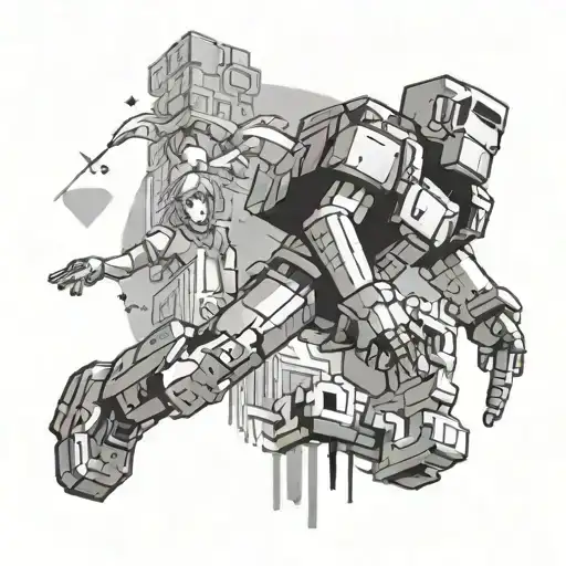 A video game character ascending to godhood with the guidance of an engineer in a pixelated world tattoo design idea