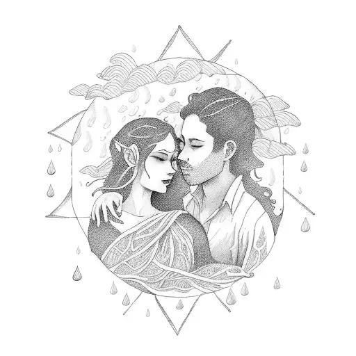 a scroll twining around a silouette of a woman and man embracing, with sun moon stars and rain itwrwoven tattoo design idea