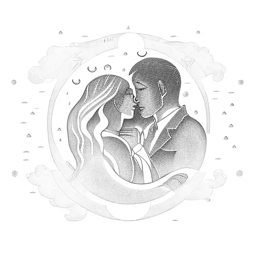 a scroll twining around a silouette of a woman and man embracing, with sun moon stars and rain itwrwoven tattoo design idea