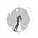 a scroll twining around a silouette of a woman and man embracing, with sun moon stars and rain itwrwoven tattoo design idea