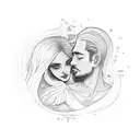 a scroll twining around a silouette of a woman and man embracing, with sun moon stars and rain itwrwoven tattoo design idea