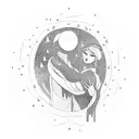 a scroll twining around a silouette of a woman and man embracing, with sun moon stars and rain itwrwoven tattoo design idea