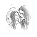 a scroll twining around a silouette of a woman and man embracing, with sun moon stars and rain itwrwoven tattoo design idea