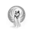 a scroll twining around a silouette of a woman and man embracing, with sun moon stars and rain itwrwoven tattoo design idea