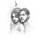 a scroll twining around a silouette of a woman and man embracing, with sun moon stars and rain itwrwoven tattoo design idea