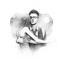 a scroll twining around a silouette of a woman and man embracing, with sun moon stars and rain itwrwoven tattoo design idea