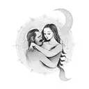 a scroll twining around a silouette of a woman and man embracing, with sun moon stars and rain itwrwoven tattoo design idea