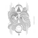 a scroll twining around a silouette of a woman and man embracing, with sun moon stars and rain itwrwoven tattoo design idea