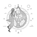 a scroll twining around a silouette of a woman and man embracing, with sun moon stars and rain itwrwoven tattoo design idea