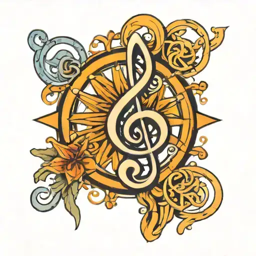 treble clef, nautical star, sun, bar staff intertwined tattoo design idea