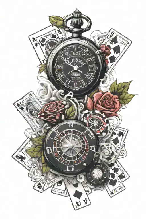 pinstripes, pocket watch, roulette wheel , slot machine, dice, playing cards, casino chips, money, smoke, rose, fourleaf tattoo design idea