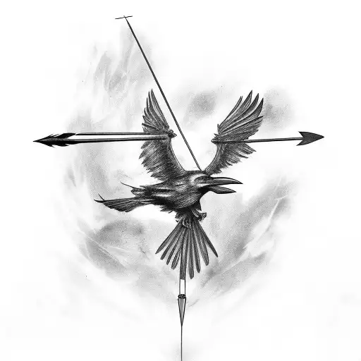 Raven hurted with two arrows. he broke one of arrow. he is angry, he don't care and still fly. wings are spread tattoo design idea