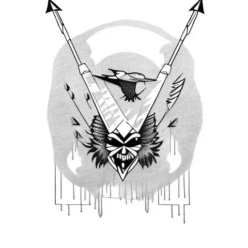 Raven hurter with two arrows. he broke one of arrow. he is angry, he don't care and still fly. wing are spread tattoo design idea